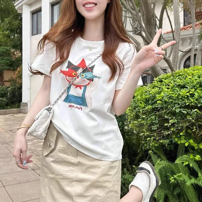 韩版圆领 T恤女装宽松百搭凉爽雪花棉水感印花短袖上衣25春夏直销