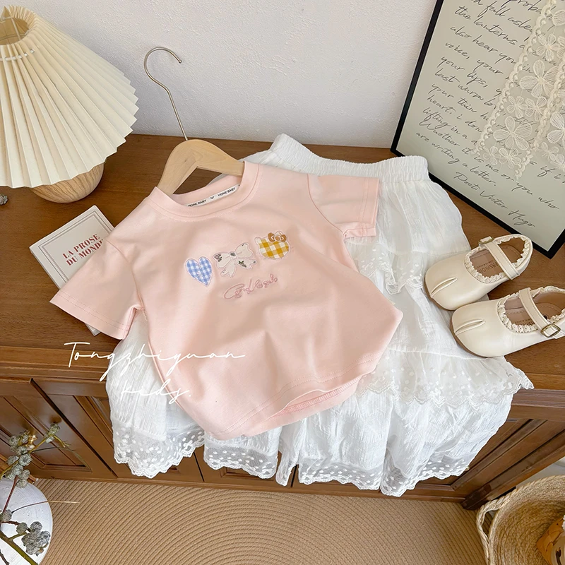 女童新款夏季时尚洋气爱心蝴蝶结猫猫短袖女宝宝休闲新款品质童装