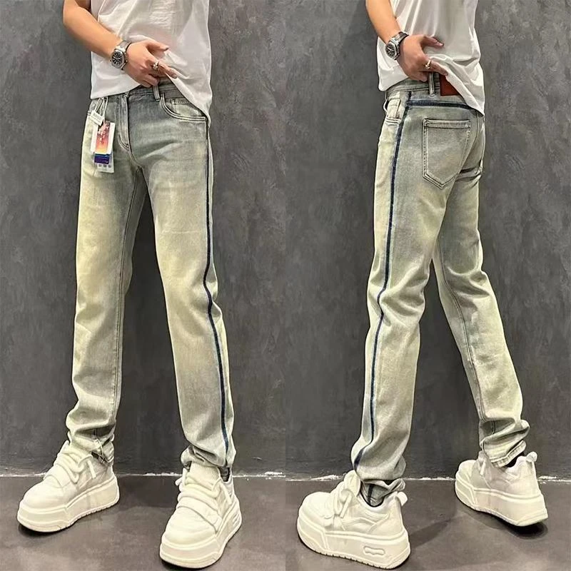 春季美式复古牛仔裤男士潮流修身休闲裤时尚高街青年弹力小直筒裤
