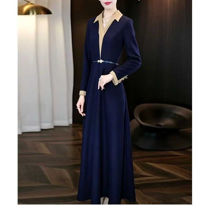 5566#秋冬撞色拼接连衣裙2025新款修身显瘦长裙百搭时尚裙子