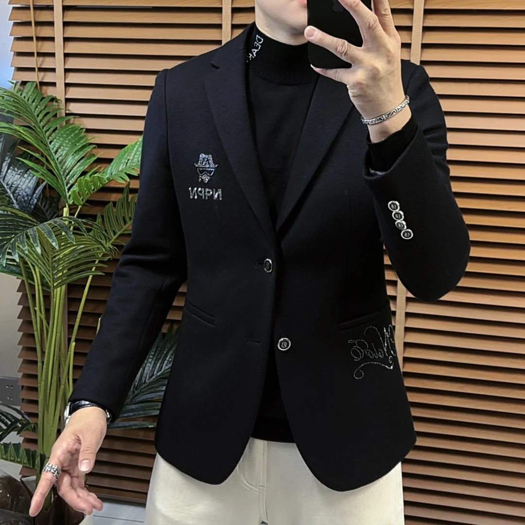 时尚休闲提花西服上装印花男士烫钻秋冬修身型