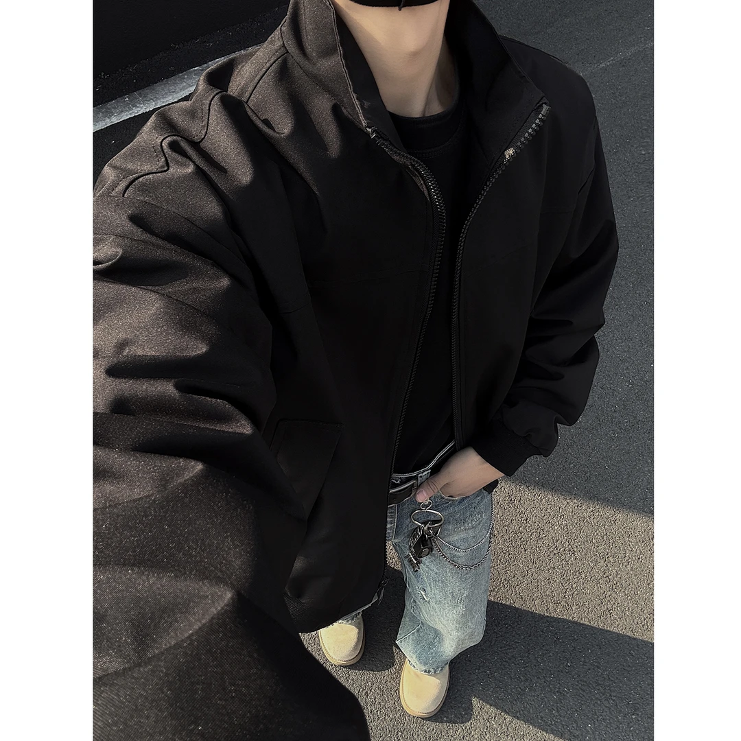 黑色短款工装外套男秋季硬汉穿搭三防立领冲锋衣痞帅美式飞行夹克