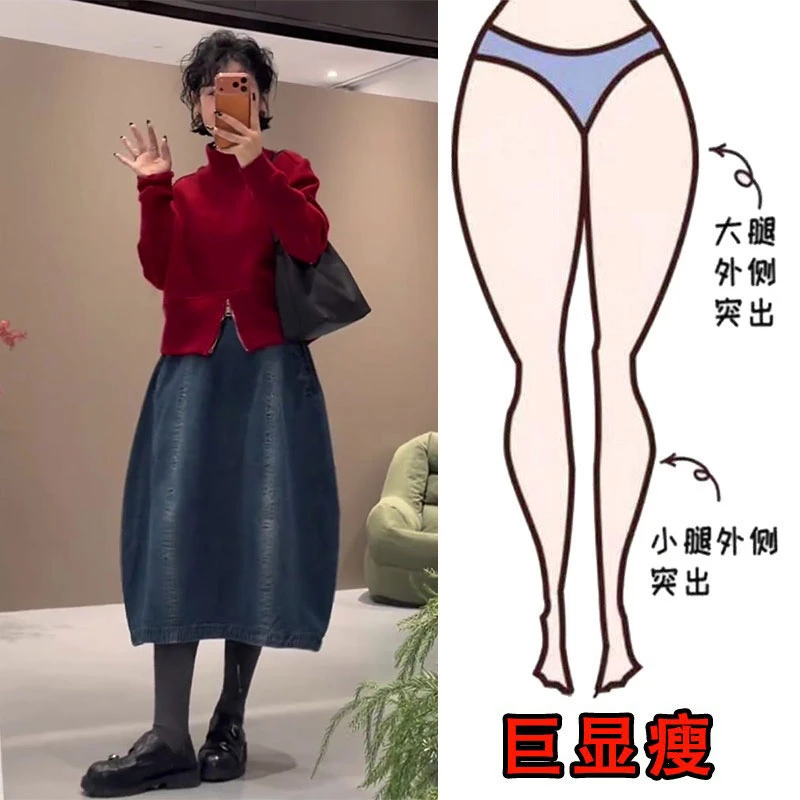 2026新款早春松紧腰花苞牛仔裙女时尚潮流设计感侧拉链宽松半身裙