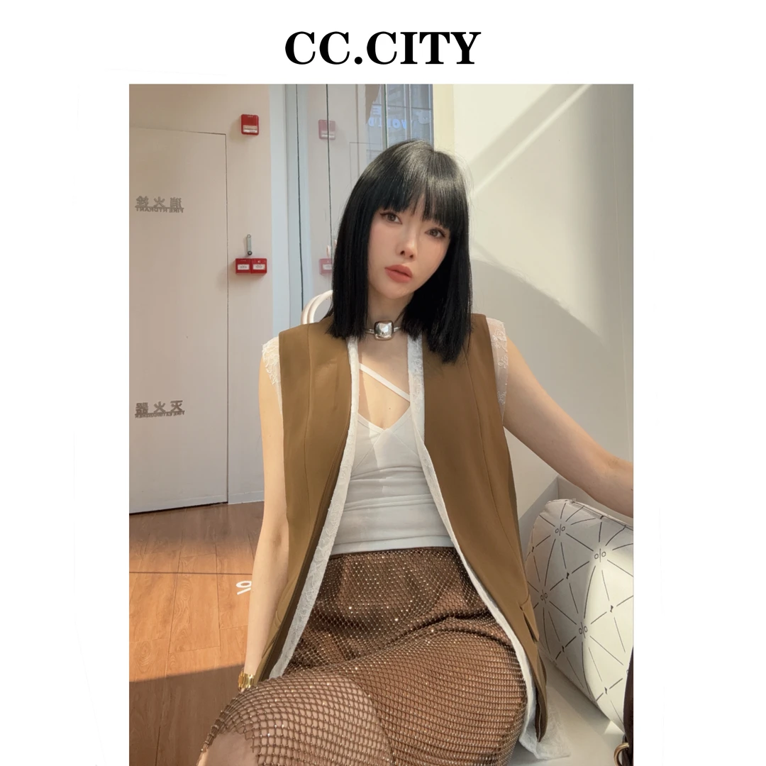 【蔡丽丽&添羽】时尚洋气百搭个性西装拼接蕾丝马甲80018