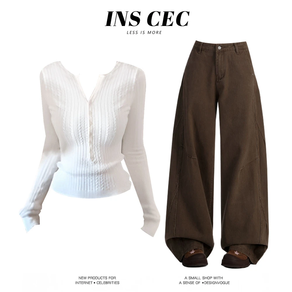 INS CEC2025辣妹穿搭显瘦长袖针织毛衣休闲裤巨好看的早秋套装女