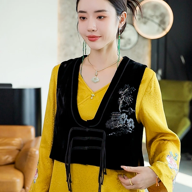 复古日记100桑蚕丝底丝绒新中式国风女装马夹24GET225