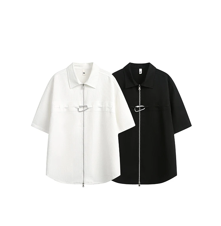 S123夏季小众拉链衬衫短袖纯色时尚美式简约百搭设计感男士上衣