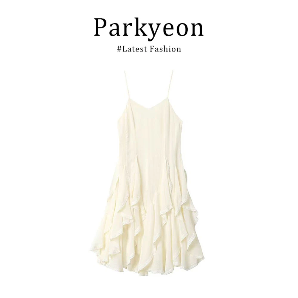 parkyeon法式气质白色吊带连衣裙子女夏日绝美穿搭法式不规则长裙