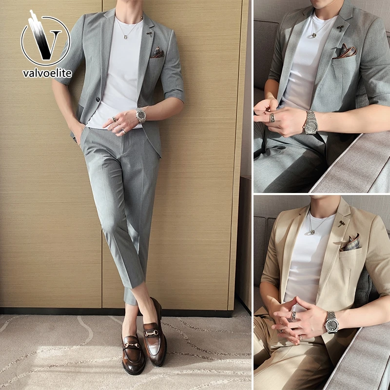VALVOELITE七分半袖小西服套装夏季2025新款男装冰丝薄款休闲外套