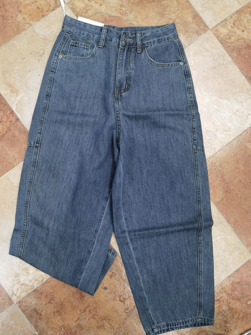 休闲风高腰夏季长裤八分裤牛仔裤裤子中裤蓝色机能风