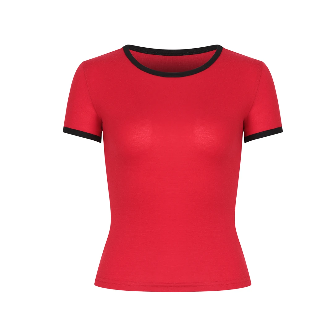 自制撞色边短袖T恤高弹莱赛尔圆领打底衫简约时尚百搭上衣