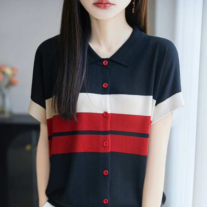 品牌撤柜正品夏季翻领拼色条纹毛针织衫百搭薄款针织衫短袖上衣