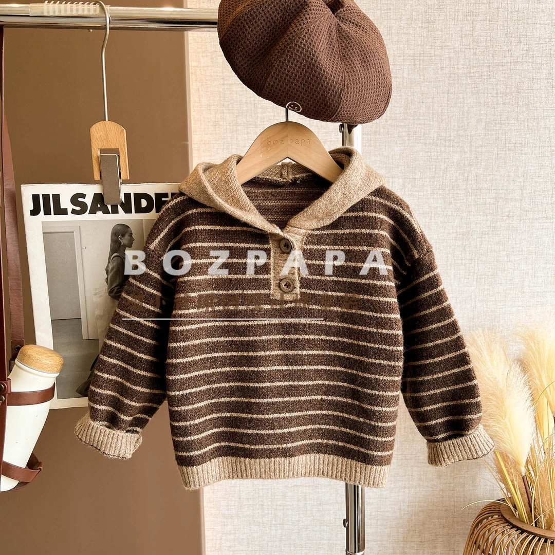 啵小爸定制【焦糖杏仁】2025秋冬季新款男童条纹复古风连帽针织毛衣