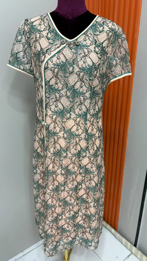 T1237改良式旗袍连衣裙女2025年夏季新款妈妈装短袖刺绣中长款裙