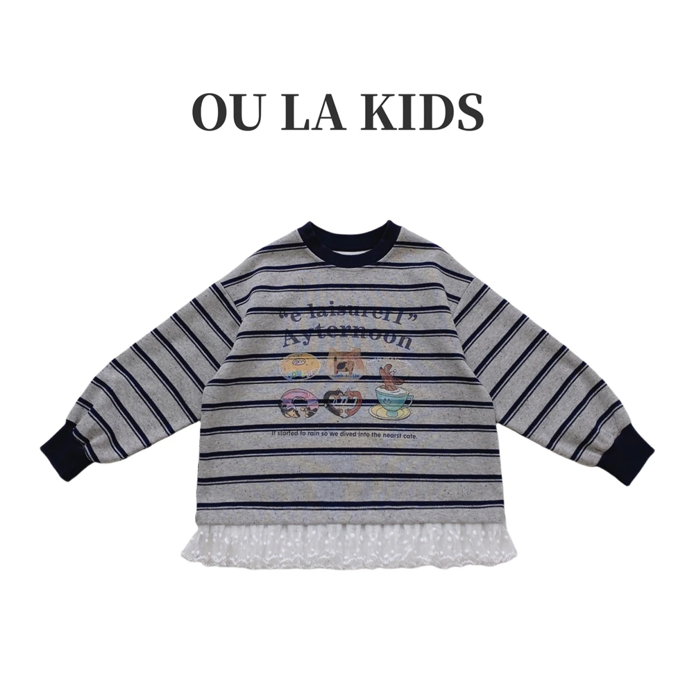 22025春季新品女童韩版卡通条纹印花蕾丝拼接百搭童装卫衣25035