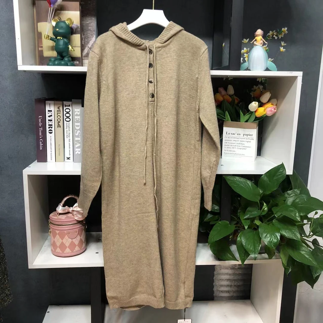 B2069【新款】时尚卡其色连帽单排扣简约百搭连衣裙