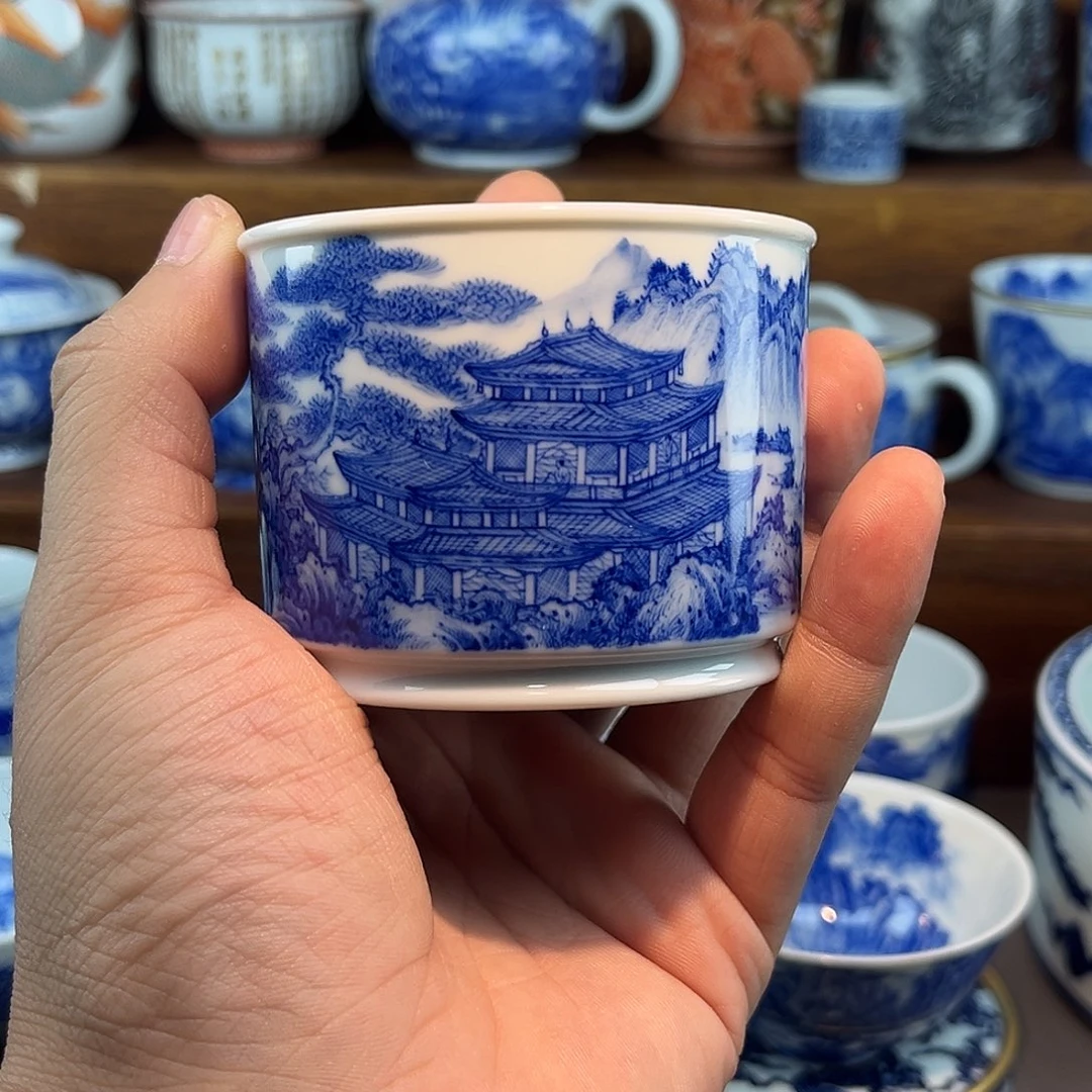 摆件陶手工手绘山水楼阁