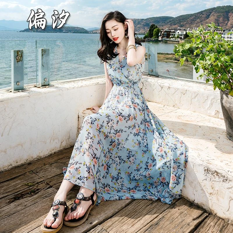 2025夏季新款沙滩裙收腰温柔裙子超仙高腰碎花雪纺连衣裙显瘦长裙