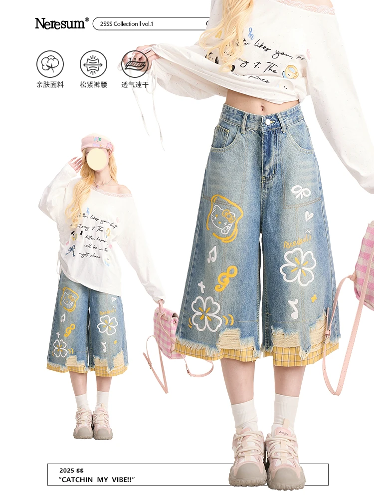 美式复古趣味KT猫破洞七分牛仔裤女夏季高腰八分中裤直筒阔腿短裤