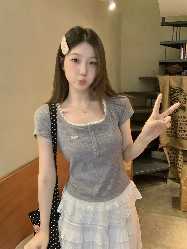 刺绣独特短袖t恤女2025夏季新款短款上衣网纱正肩圆领漂亮小衫