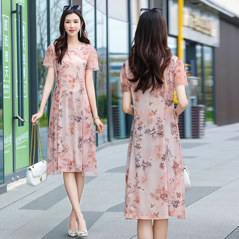 中老年妈妈装过膝短袖长裙复古显瘦旗袍连衣裙印花斜襟盘口旗袍裙