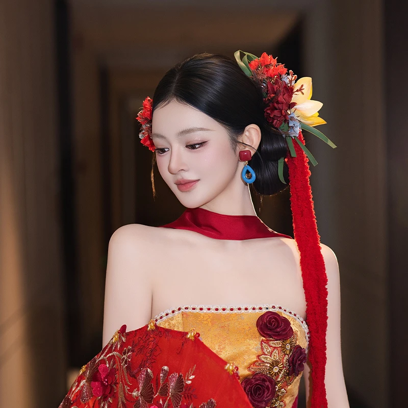 非金属布艺婚庆饰品 新娘结婚复古红色仿真花纯欲仙美发饰MC3841T