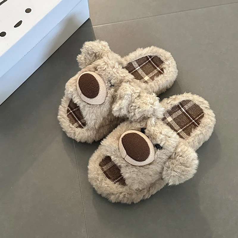 可爱卡通小狗格纹露趾毛毛拖鞋女2025秋冬新款外穿居家半拖鞋棉鞋
