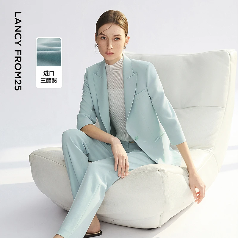 朗姿三醋酸西装2025年夏季新款枪驳领外套商务通勤高端西服/西裤
