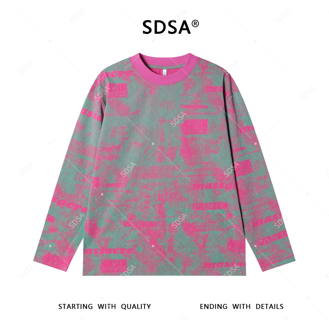 SDSA男士2025新款轻奢痞帅男装撞色满印字母设计圆领长袖T恤潮牌