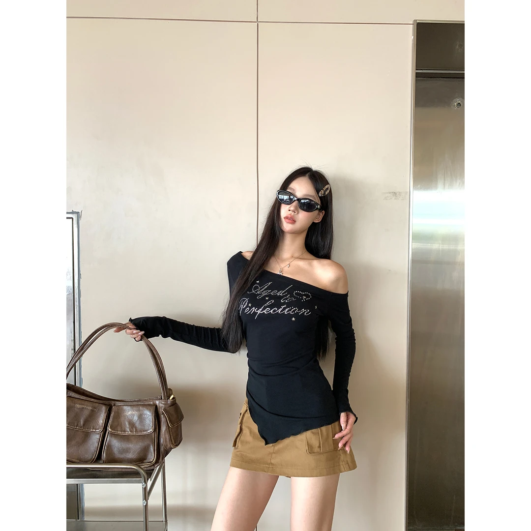 【HRG】春夏纯欲辣妹烫钻斜肩长袖修身显瘦精致T恤252Y3215#