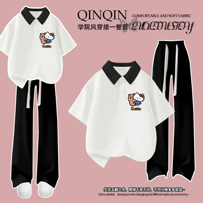 卡皮凯蒂猫polo短袖长裤套装男女童夏季2025新款日系风学生两件套