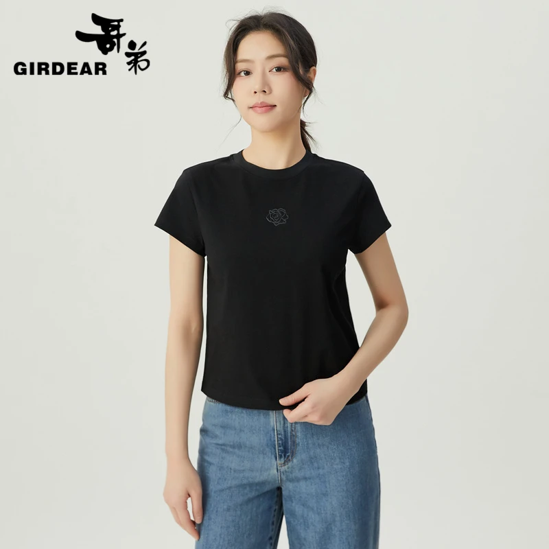 哥弟夏季绽放系列玫瑰花图案纯色短袖t恤上衣女正肩1300996