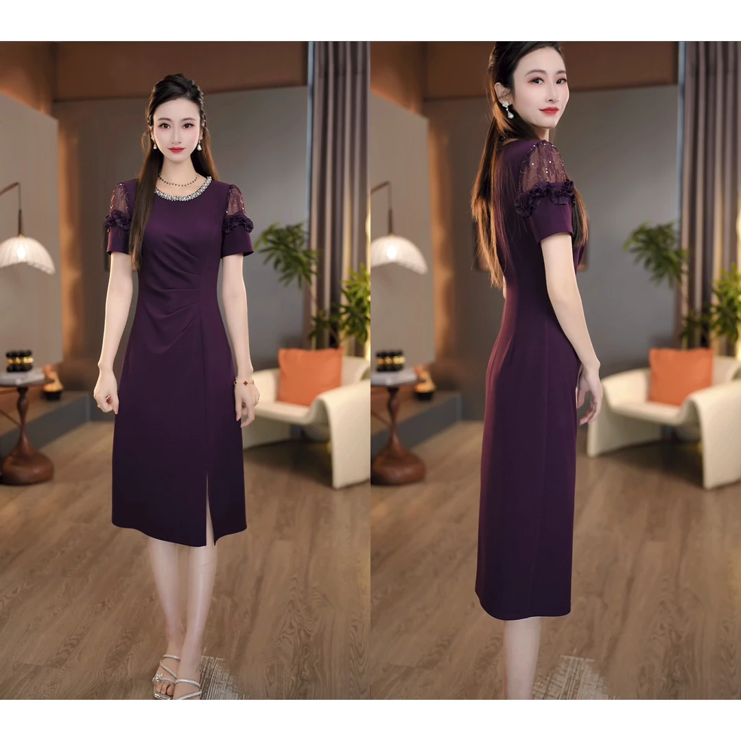 2025夏季新款紫色名媛范肩部蕾丝镂空经典礼服连衣裙M-4XL