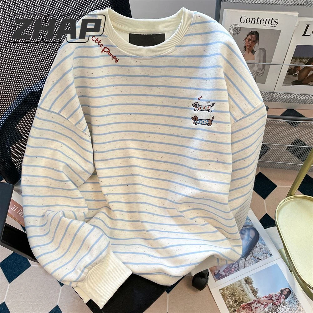 【ZHAP】韩系刺绣腊肠条纹长袖卫衣女秋冬设计感慵懒风上衣双11好物