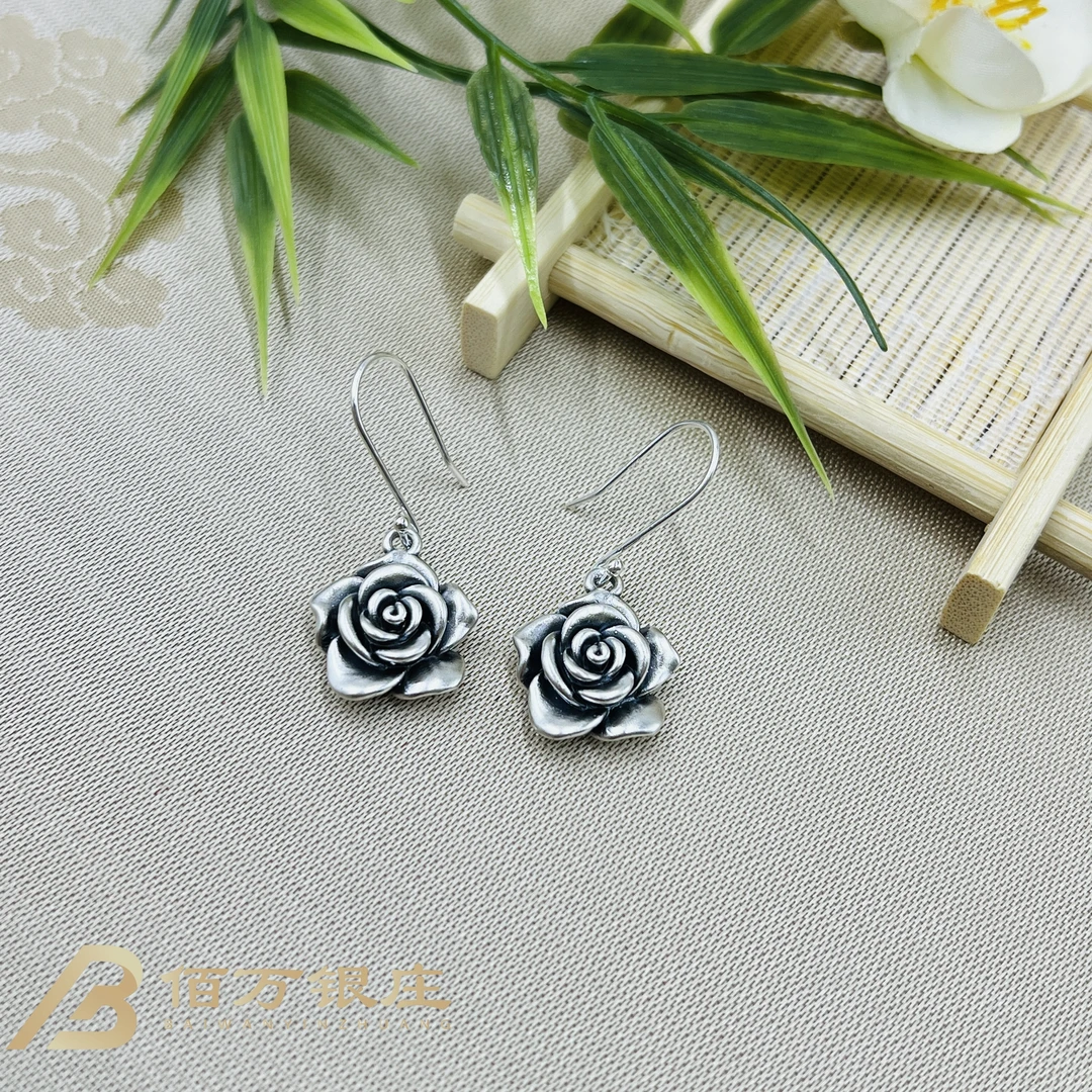足银耳饰 【佰万银庄】足银999 立体玫瑰花繁似锦花耳钩耳坠 约3.1g