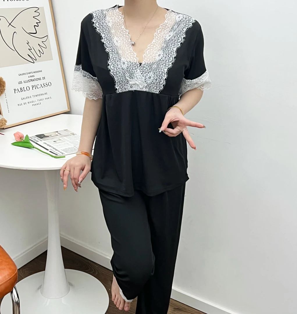 夏季冰丝短袖长裤V领睡衣套装凉感带胸垫蕾丝花边灰色家居服女士