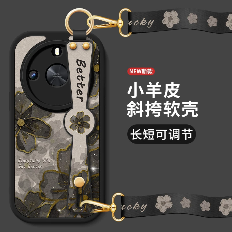 适用华为荣耀x50GT手机壳honorx50pro新款x50i+防摔斜跨腕带花朵