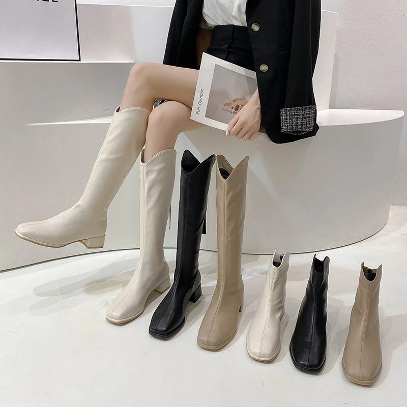 2025秋冬新款马丁靴女方头中跟粗跟短靴百搭后拉炼弹力瘦瘦长筒靴