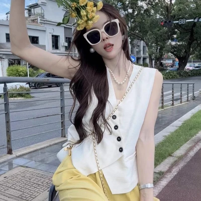 纯色时尚上衣减龄气质v领雪纺衬衫洋气舒适高级感小衫无袖背心女