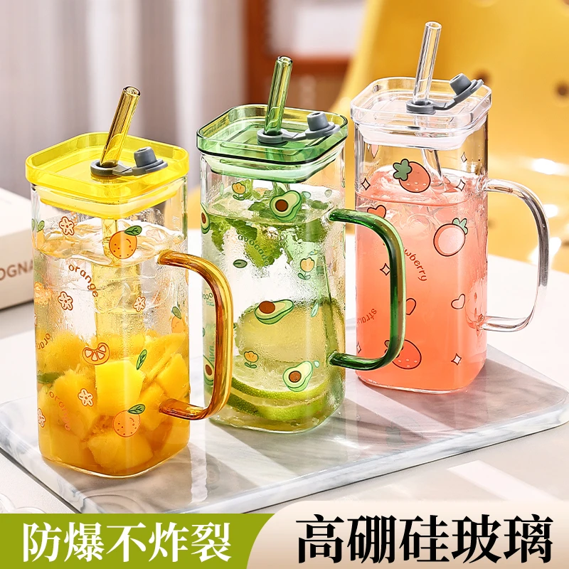 耐高温ins卡通玻璃杯女生带把手家用高颜值果汁咖啡杯牛奶杯水杯