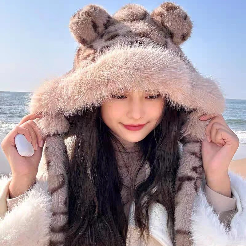 冬季女帽子围巾一体豹纹熊耳朵仿狐狸毛貂毛双层加厚毛毛绒显脸小