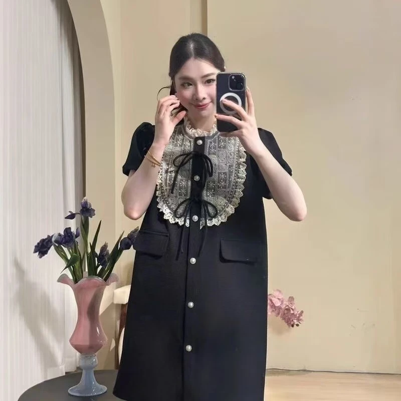 大码直筒单排扣绑带设计夏季显瘦连衣裙