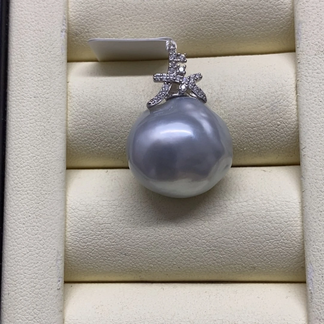 颈饰银S925镶嵌海水珍珠澳白蓝巴18-19m m