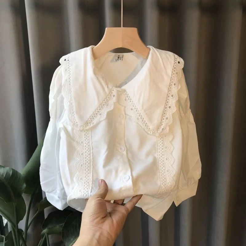 【福利】纯棉女童白色衬衫长袖春秋新款儿童洋气上童秋季娃娃领衬衣