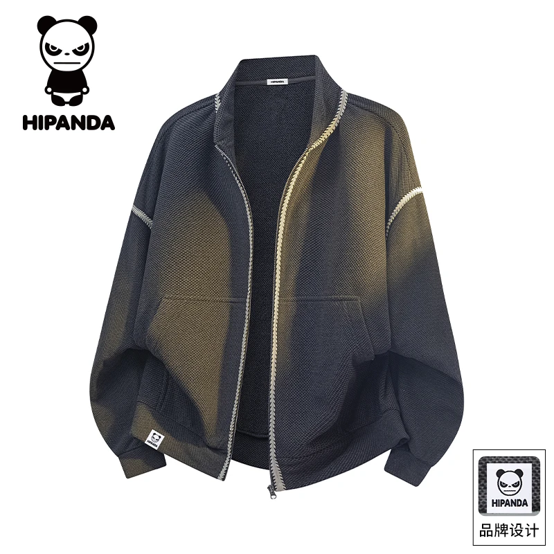 Hi Panda你好熊猫美式拼接开衫卫衣男士秋季新款宽松百搭休闲外套