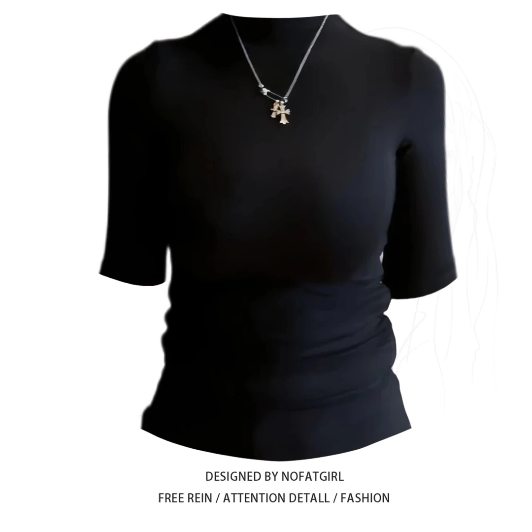 大码胖妹妹美式复古风开叉设计感圆领正肩上衣夏季新款百搭T恤女