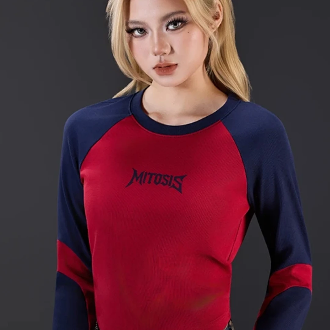 街头潮人插肩袖长袖T恤秋季新款辣妹修身撞色显瘦短款打底衫女士