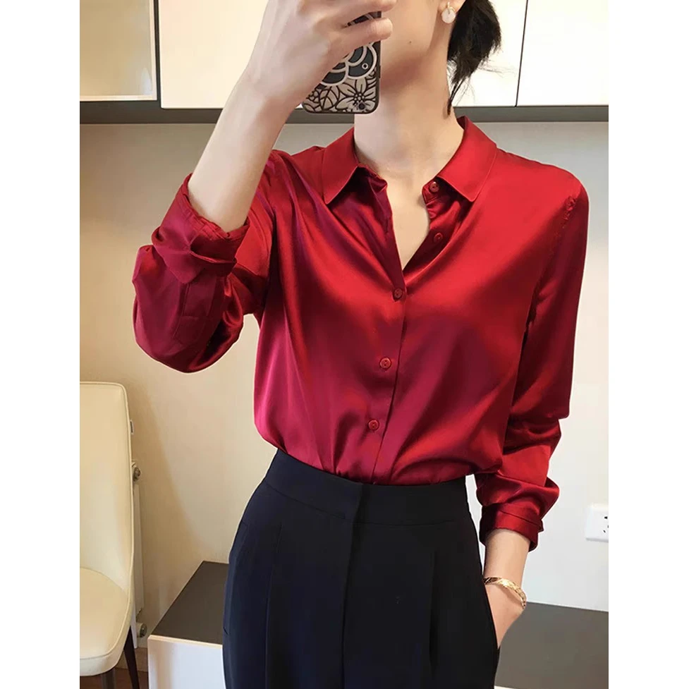 高级感红色缎面衬衫女2025春季新款时尚洋气通勤衬衣垂感长袖上衣