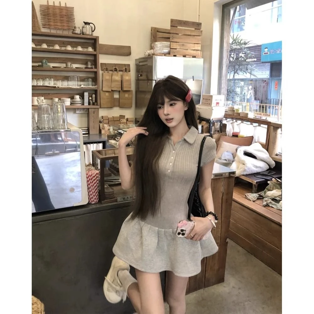 美式复古纯欲辣妹拼接polo领连衣裙夏季新款修身显瘦蓬蓬裙