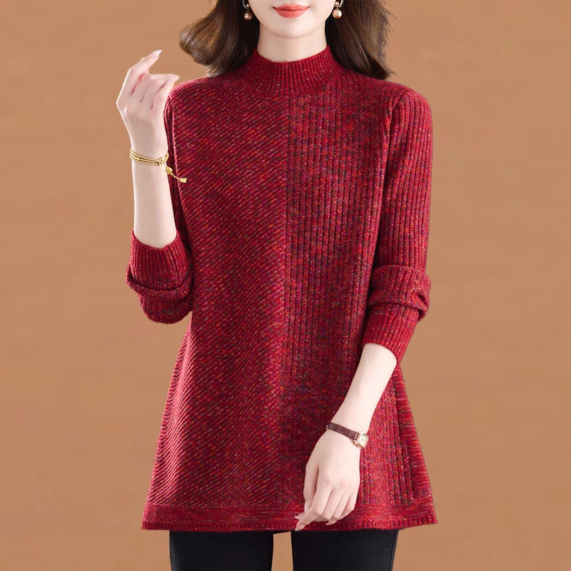 秋冬中长款毛衣女加厚内搭遮屁股洋气减龄宽松显瘦花纱针织打底衫